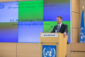 H.E. Mr. Gudlaugur Thordarson, Minister for Foreign Affairs of Iceland, speaks during the High-Level-Segment of the 34th Session of the Human Rights Council.